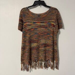 Hannah Womens Sweater Multicolor Space Dye Knit Fringe Hem Short Sleeve Top L